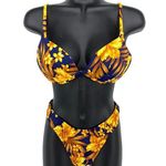Venus VTG 90s Bikini Swimsuit 4 Pc Set Tops + Bottom + Sarong Blue Yellow Floral Photo 1