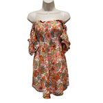 Billabong  Floral Smocked Off Shoulder Mini Dress Orange Pink Green Womens Medium Photo 2