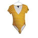 Forever 21 Mustard Yellow Striped Bodysuit Short Sleeve Deep V Neck Shirt S Photo 2
