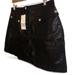 ZARA Black Vegan Leather A-Line Mini Skirt w/Pockets & Gold Buttons Sz L NWT Photo 2