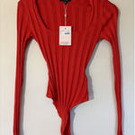 Missguided  Red Square Neck Extreme‎ Ribbed Long Sleeve Bodysuit Womens 4 NEW NWT Photo 0