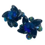 Shades of Blue Vintage Earrings Clipon Aurora Borealis Marquise Round Rhinestone Photo 0