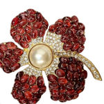 Kenneth Jay Lane Gold Plated Ruby‎ Red Art Glass Cabochons Flower Pin 3.0” New Photo 0