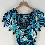 Escapada Living Monica Tassel Dress Blue Tropical Leaf Print Off The Shoulder Photo 10