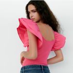 ZARA  Women’s Hot Pink Ribbed knit Poplin Ruffle Bodysuit Size Small Photo 3