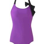 Newport News NEW Womens  One Piece Purple Halter Swimsuit with Black Bow Size 8 Photo 0