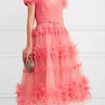 Marchesa Notte Off Shoulder Tulle 3D Floral Midi Gown Dress Size 0 Pink Tiered Photo 8