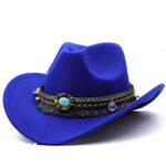 Blue Western Cowboy, Cowgirl Hat, Bead Tassle Strap, Men Women‎ Retro Wide Brim Photo 3