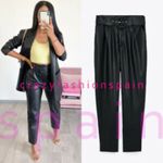 ZARA BELTED FAUX LEATHER PANTS BLACK COLOR NEW Photo 2