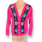 Vintage 90s Knit Pink Dark Floral Embroidered Cardigan Sweater Feminine Romantic Size M Photo 9