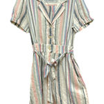 Cato Romper Women Large Cream Sage Linen Blend Stripe Boho Cottage Coastal Bow Photo 0