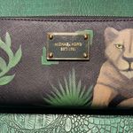 Hand Painted Lioness Black MK Saffiano Leather Wallet w Wristlet Strap Photo 0