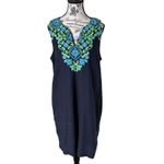 J.Crew Women's Linen Shift Dress Sz L Blue Embroidered V Photo 1