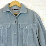 ZARA  Oversized Corduroy Trucker Jacket Womens XS Baby Blue Raw Hem Gorpcore 90s Photo 6