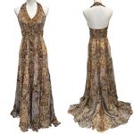 Sherry Haute Couture Y2K Silk Beaded Sequin Gemstone Animal Print Halter Gown Tan Size 4 Photo 1
