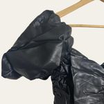 Naked Wardrobe Black Faux Leather Puff Sleeve Ruched Mini Bodycon Dress Size L Photo 4