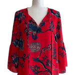Violet+Claire  Blouse Too Red Blue Floral Split Neck 3/4 Bell Sleeves Medium Photo 0