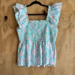 Vineyard Vines Floral Smocked Ruffle Sleeve Top Sz L Photo 3