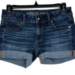 American Eagle  SZ 0 MIDI Jean Shorts Cuffed Super Stretch Low-Rise Whiskered Photo 0