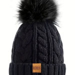 Winter Cozy Warm Pom Pom Black Beanie Hat Cable Knit Fleece Lined Ski NWT Photo 0
