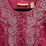 Kate Hill  Pink Fuchsia Sequin Linen V-Neck Embroidered Blouse Size  Large Petite Photo 3