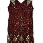 Flapper Beaded Sequin Vintage 60s Sleeveless Dress with Fringe Red Size L Photo 2
