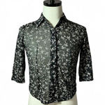 Floral Button Up Top, 3/4 Sleeve‎ Blouse, Lightweight, Semi Sheer Shirt Black Photo 0
