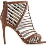 Nine West SZ 7 in Box Tan Leather 4" STILLETO Heel PEEP TOE Snakeskin Metallic Photo 1