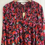 Entro On Repeat Red Dahlia Abstract Floral Shirred Puff Sleeve Blouse Size L NWT Photo 5
