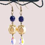 Ivory Faux Pearl AB Crystal Faceted Purple Agate Dangle Earrings on Gold Wires Photo 0