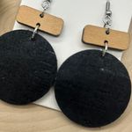 Handmade Cork on Leather and Wood Circle Round Neutral Dangle Lightweight Earrings Photo 1
