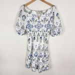 Saylor  Gracey Folk Floral Print Mini Dress Linen Puff Sleeve White Blue Photo 3
