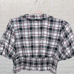 Y2K Plaid Smocked Crop Top M/L Puff Sleeve Ruffle Cottagecore NWOT Black Size L Photo 2