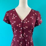 Loft  Burgundy Floral V-Neck Short Sleeve Ruffled Mini Button Shirt Dress Size 0 Photo 1