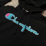 Champion Reverse Weave Hoodie Black Neon Blue Pink Retro Sweatshirt size Small Photo 1