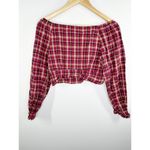 Eggka Peasant Milkmaid Crop Top Red Cream Plaid Long Sleeve Button Front Small Photo 1