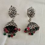 Silver tone green and red beaded Jhumkas Indian earrings Photo 1