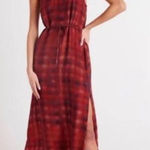 Bella Dahl V-Neck Tencel Plaid Slip Midi Dress in Burgundy Red | Size Small Photo 0