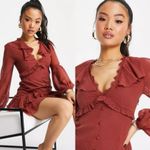 ASOS NWOT $55 Design Rust Lace Trim Long Sleeve Swiss Dot Textured Mini Dress 2P Photo 2