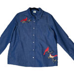 Blair  Large Blue Denim Embroidered‎ Button Top Cardinals Birds Pockets Roll Tab Photo 0
