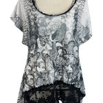 One World Medium Tunic Top Floral Semi-Sheer Flutter Sleeve Shark-Bite Stretch Photo 0