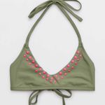 Aerie Halter Voop Bikini Top Olive Green Pink Studs NWT Photo 0