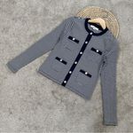 Loft Women’s Striped Pocket Cardigan Sweater Knit Top Preppy in Sailor Navy L Photo 3