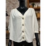 ZARA NWOT TRF Blouse Sz XSmall Linen Blend Puff Sleeve Iridescent Shell Buttons Photo 2