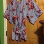 Josie Natori Blue Pinstripe Multi-Color Floral Embroidery Tie Waist 3/4 Kimono Slv Robe EUC XS Photo 1