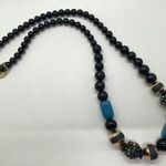 Coldwater Creek Necklace Black Graduated Bead Blue Gold Tone Rhinestones 36" Photo 0