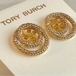 Tory Burch New  Miller 18K-Gold-Plated & Crystal Logo Stud Earrings on TB Card Photo 1