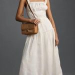 Anthropologie  Linen Square Neck Midi Dress White Lace Embroidered Eyelet Size S Photo 0