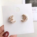 Crescent Gold Beaded Celestial Moon Earrings New Photo 1