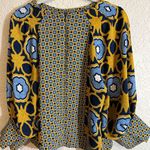 Chico's  Gold Blue  Medium Geometric Print‎ Pintuck Top Raglan Sleeves Split Photo 4